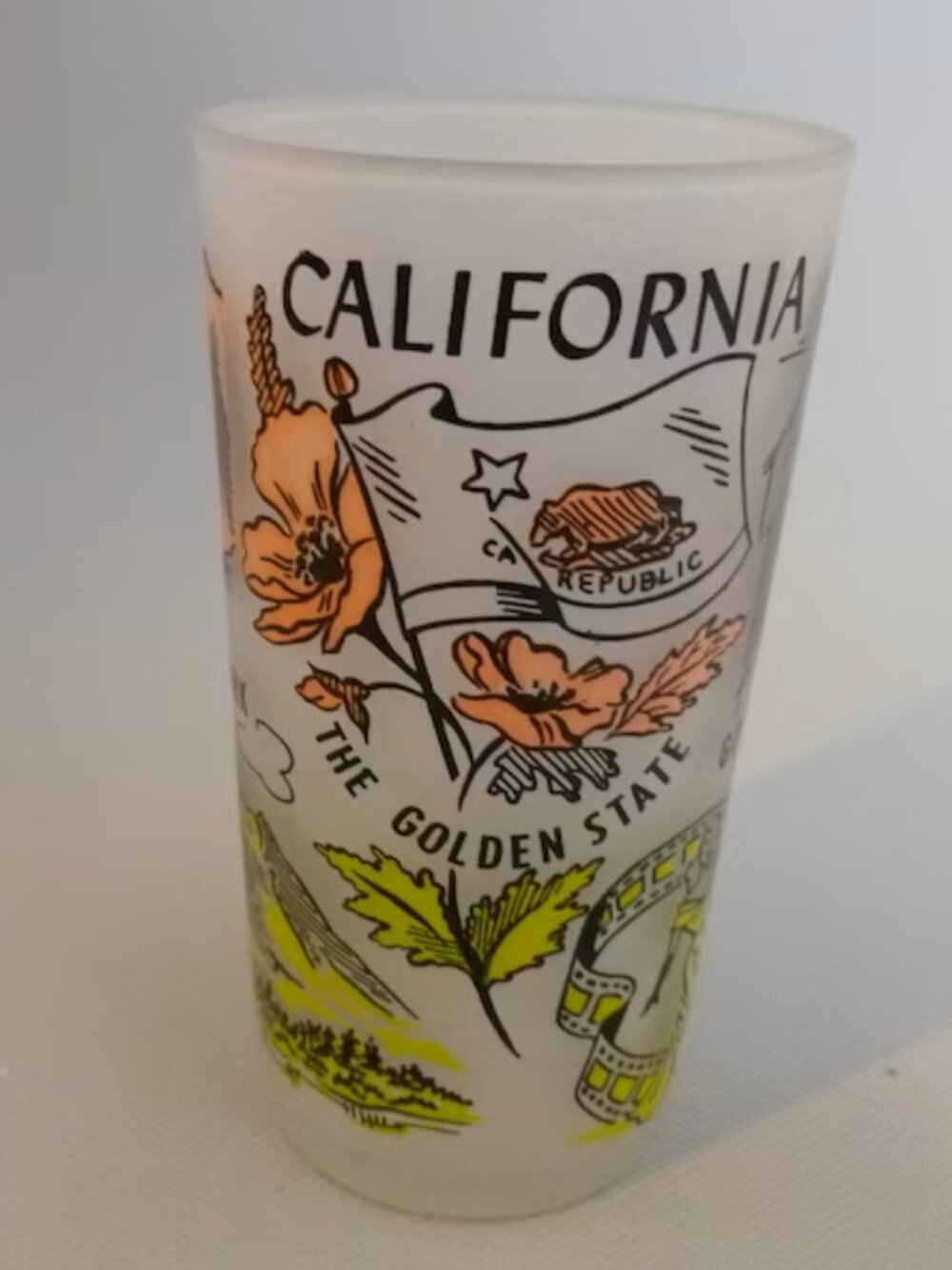 Vintage Hazel Atlas Frosted California Souvenir Glass Great Retro Images